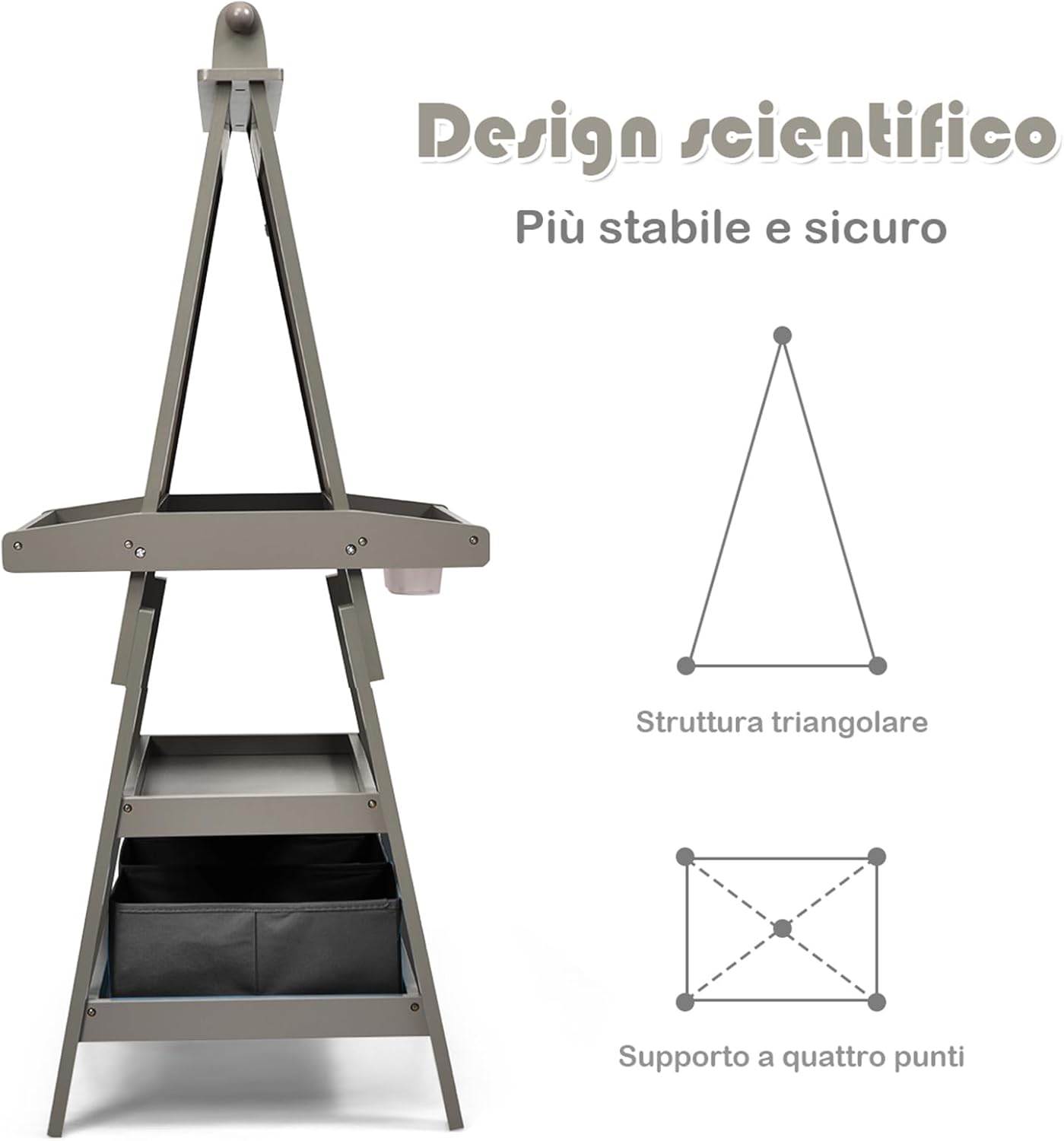 3 in 1 Cavalletto per Bambini con Doppia Faccia, Cavalletto per Disegno con 2 Vassoi e 2 Scatole, Lavagna Bambini in Legno (Grigio)