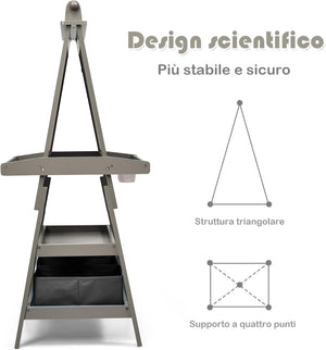 3 in 1 Cavalletto per Bambini con Doppia Faccia, Cavalletto per Disegno con 2 Vassoi e 2 Scatole, Lavagna Bambini in Legno (Grigio)