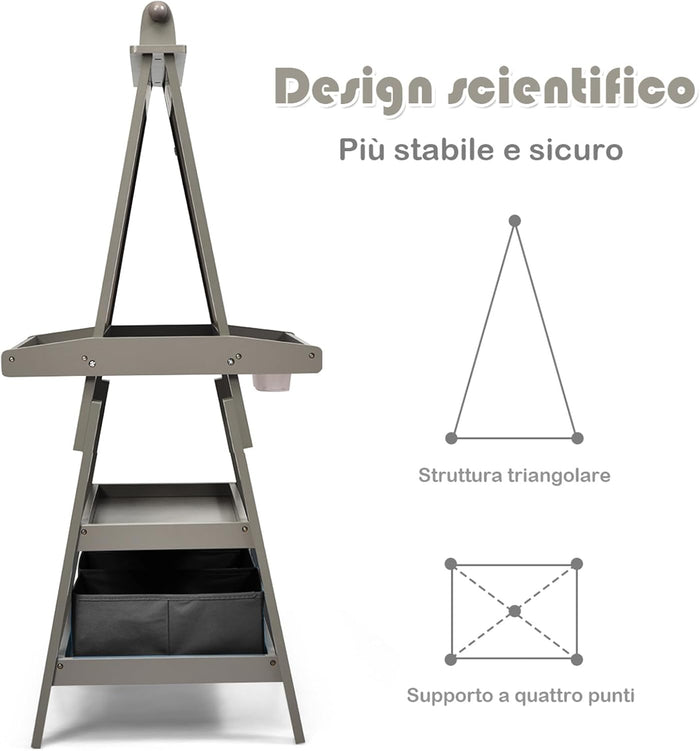 3 in 1 Cavalletto per Bambini con Doppia Faccia, Cavalletto per Disegno con 2 Vassoi e 2 Scatole, Lavagna Bambini in Legno (Grigio)
