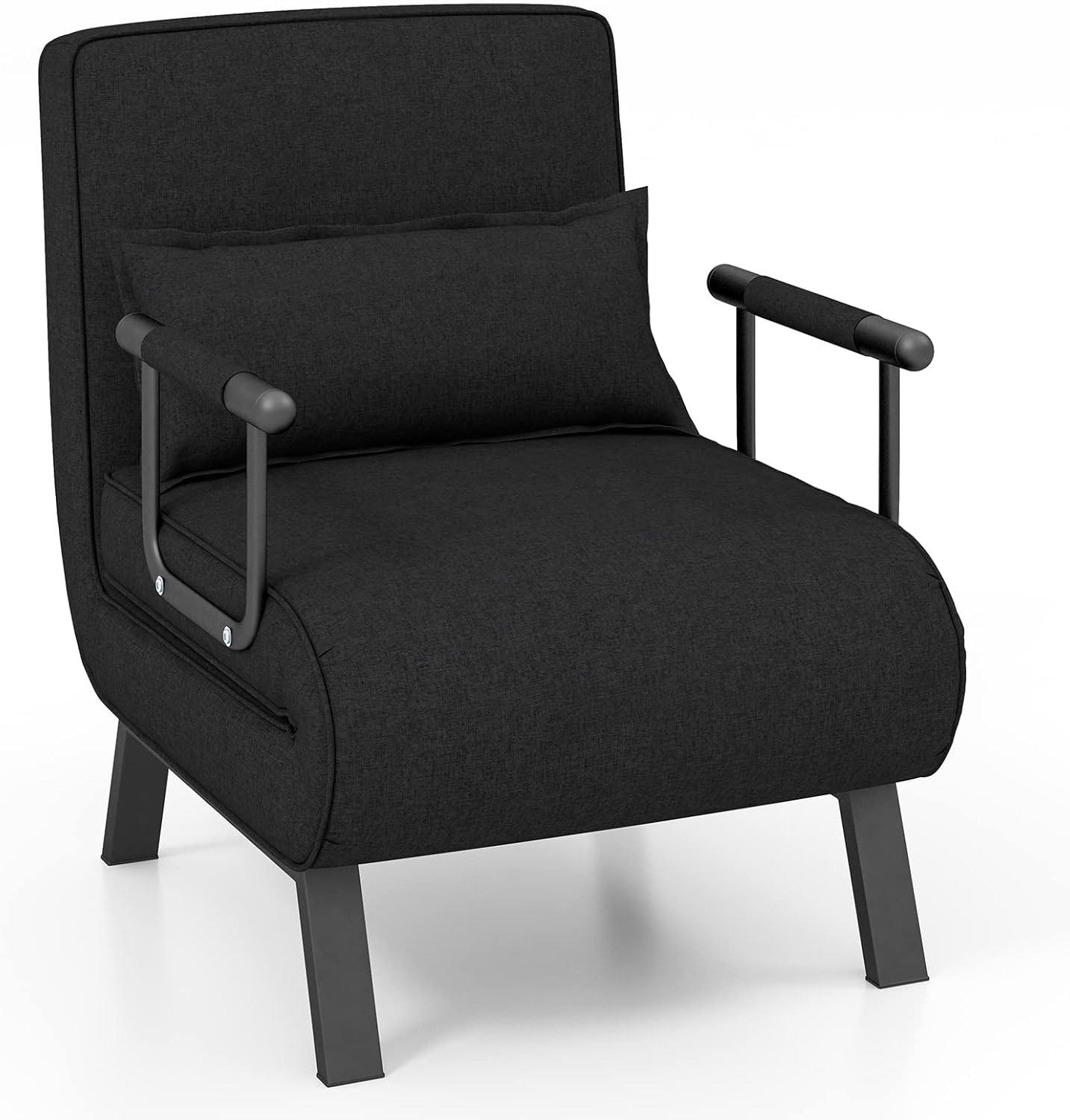 Poltrona Letto Singolo, Poltroncina Pieghevole con Schienale Regolabile in 6 Posizioni, Cuscino Rimovibile e Sedile Imbottito Robusto, Divano Letto per Casa Ufficio, 79x65x79 cm (Nero)