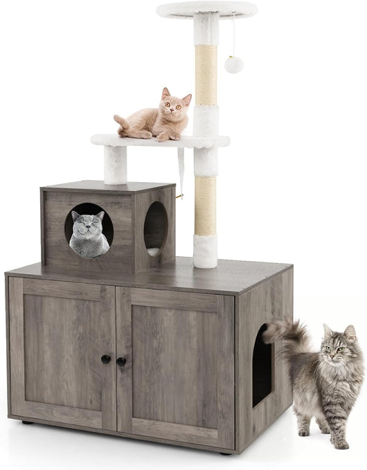 Tiragraffi per Gatti Adulti con Rifugio ad Ante Nascosto, Torre per Gatti con Cuccia, Piattaforma, Cuscini e Tiragraffi, Albero per Animali Grandi Alto in Legno, 77,5 x 49 x 132 cm (Grigio)