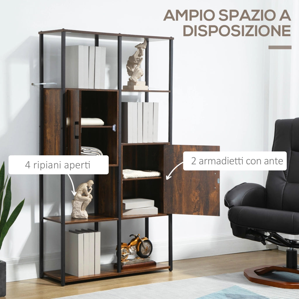 Libreria Stile Industriale con 4 Ripiani e 2 Armadietti, 90x30x159.5cm, Nero e Marrone