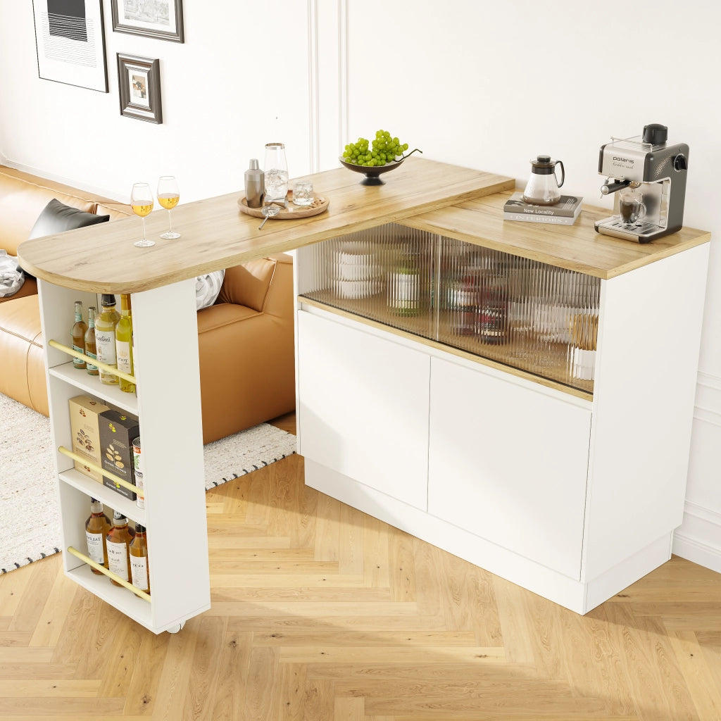 Carrello da cucina girevole con ripiani e anta scorrevole in vetro; mobile bar multifunzione in MDF bianco