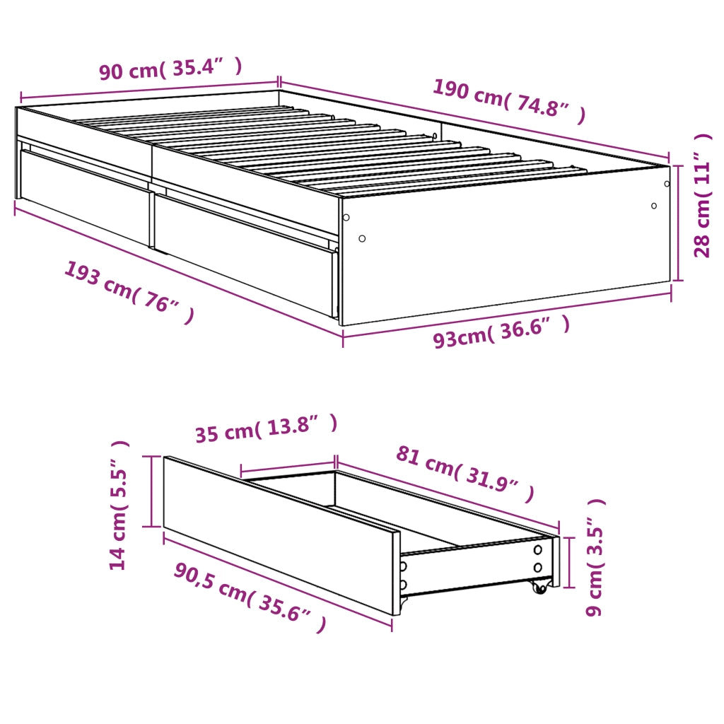 Letto singolo | Letto per adulti | Giroletto con Cassetti Nero 90x190 cm in Legno Multistrato