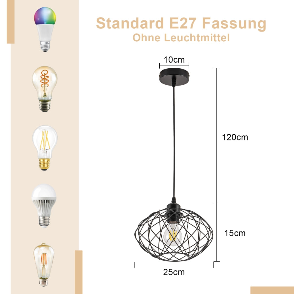 Lampada a sospensione ZMH nera da 120 cm per sala da pranzo stile gabbia retr¨° E27 (con sorgente luminosa)