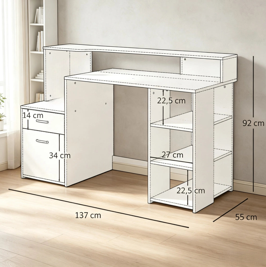Scrivania compatta in MDF con cassetti e ripiani aperti, 137x55x92 cm, colori rovere e bianco