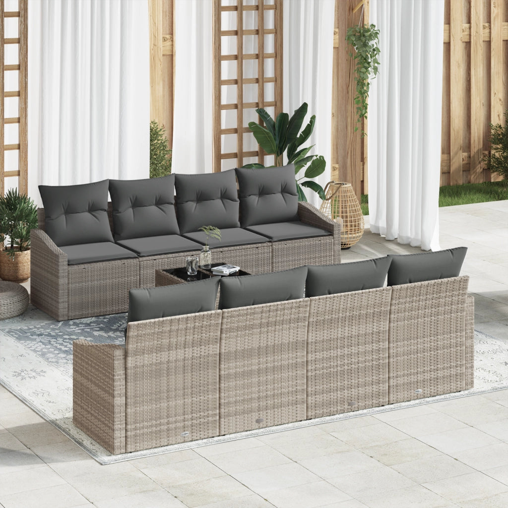 Set divano da giardino 9 pezzi con cuscini grigio chiaro in rattan polimerico