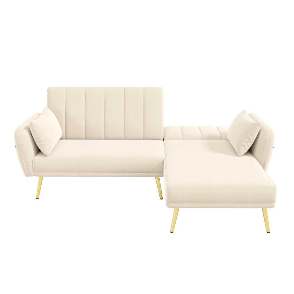 Divano angolare letto 2-3 posti - con schienale regolabile e tasche laterali - in velluto beige