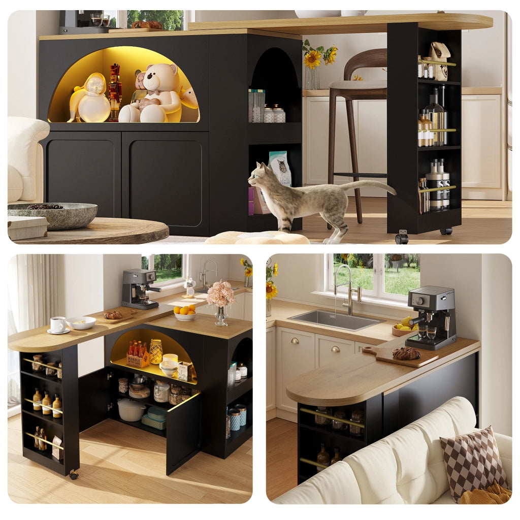 Tavolo Bar Alto con Contenitore; Ripiani Regolabili; LED; USB e Ruote per Cucina e Soggiorno; 135-205x39x100 cm