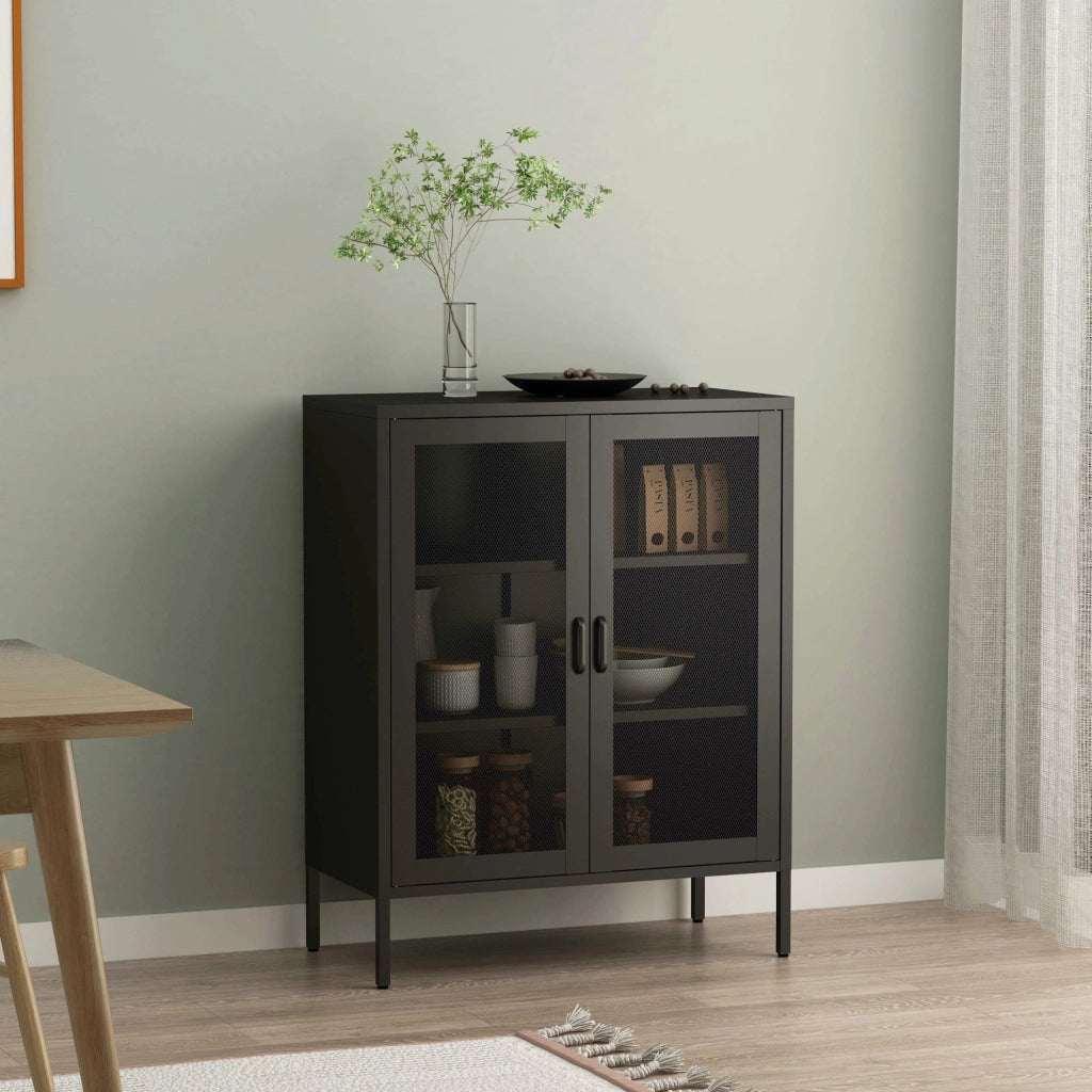 Credenza Falköping in Acciaio con 2 Ante Reticolate 101,5 x 80 x 40 cm Nero [en.casa]