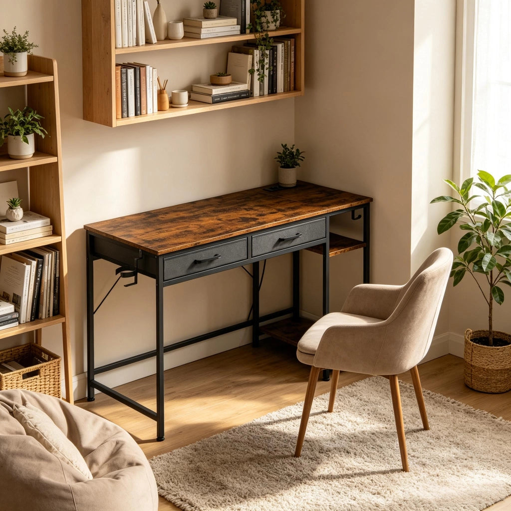 Scrivania con 2 cassetti, prese e porte USB, ripiano laterale, in legno ingegnerizzato e metallo marrone rustico