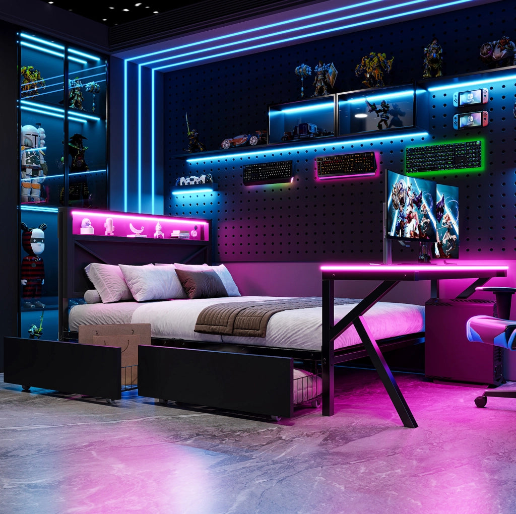 Letto gaming a piattaforma 140x200 cm con testiera LED; scrivania LED e 2 cassetti; nero