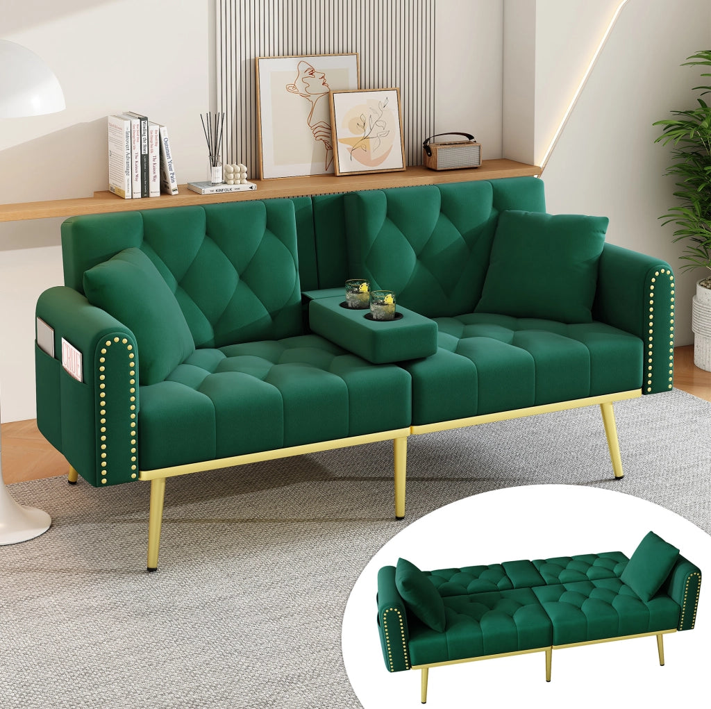 Divano letto multifunzione 175 × 80 × 73;5 cm in velluto verde con schienale regolabile