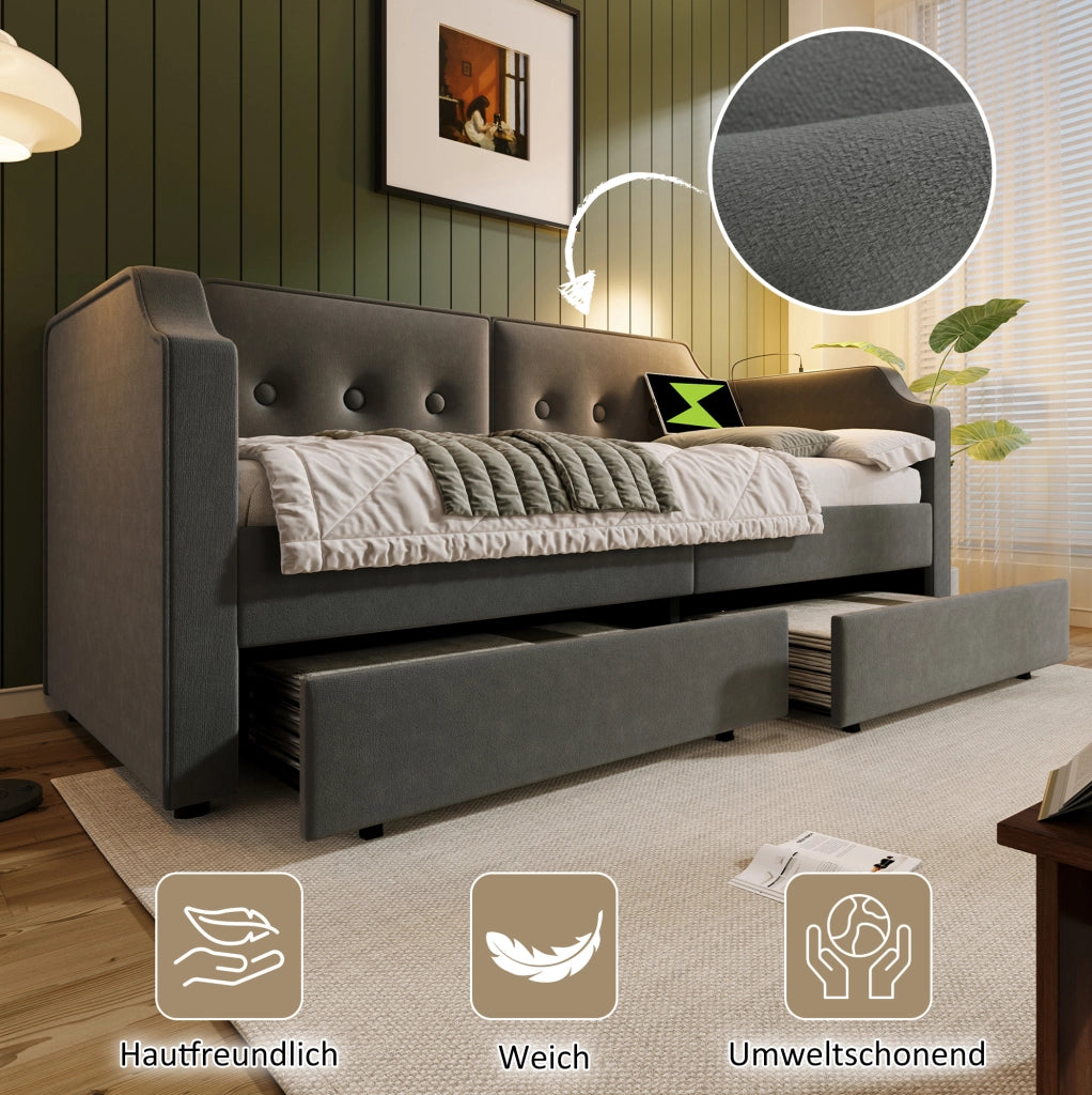 Letto singolo imbottito 90x200 cm con USB-C, cassetti e luce