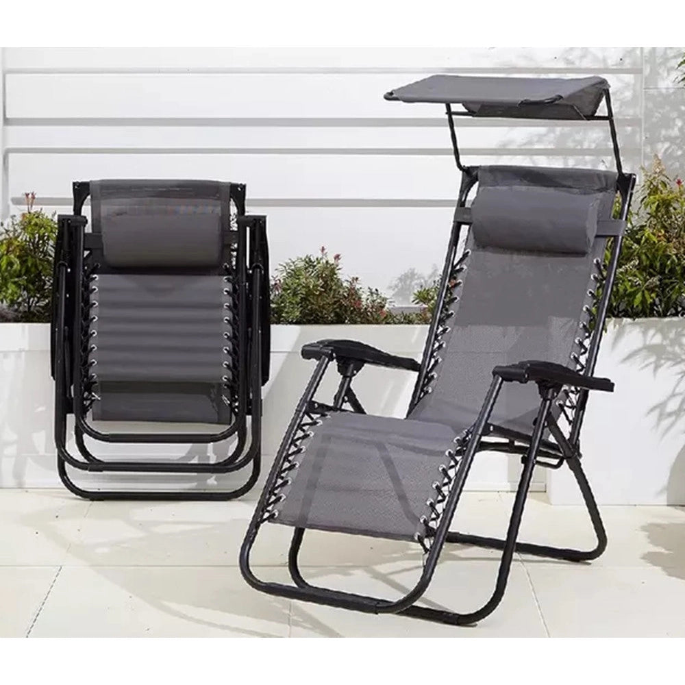 Trade Shop - Sedia Sdraio Con Parasole In Textilene Reclinabile Pieghevole Con Poggiatesta 483015 - Grigio