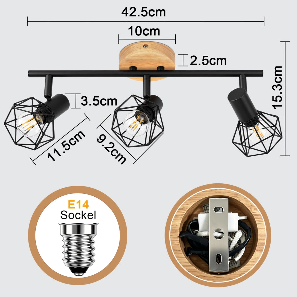 ZMH Faretto da soffitto 3 Luci Nero Legno E14 Vintage Industriale Orientabile 350¡ã per Camera Soggiorno Senza Lampadina