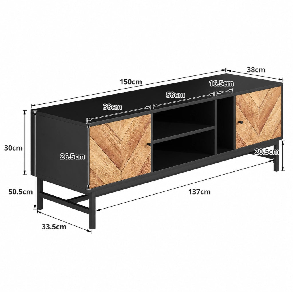 Mobile porta TV 150 cm nero e effetto legno con 2 ante e ripiani