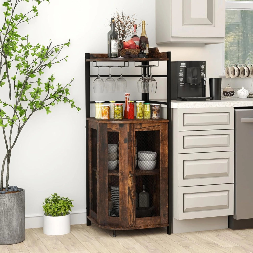 Armadietto Angolare Industriale Da Bar Con Supporto In Vetro, Armadietto Da Vino Con Ripiano Regolabile, Portabottiglie Vino Da Cucina Con Protezione, 130x47,5x47,5 cm (Marrone)