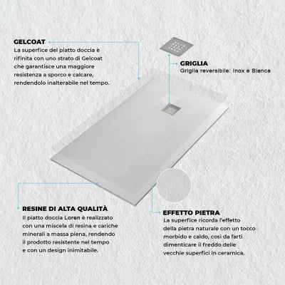 Piatto doccia resina 80x80 semicircolare bianco pietra riducibile  Loren