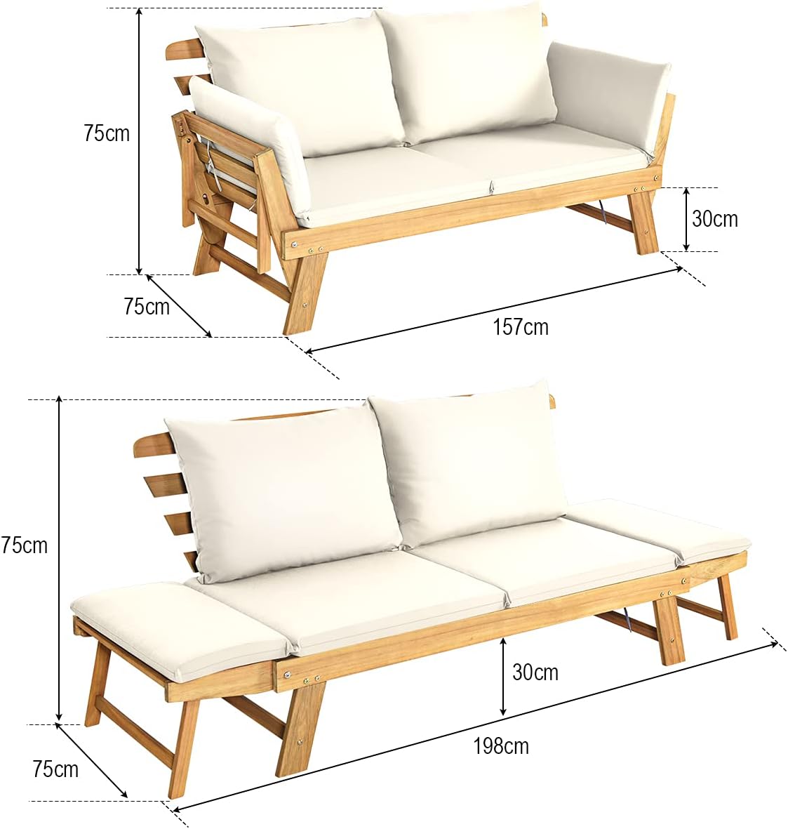 Divano Letto 2 Posti da Esterno in Legno di Acacia con Braccioli Regolabili, Sdraio da Giardino con Cuscini, Chaise longue Pieghevole per Giardino, Piscina, Cortile (Bianco)