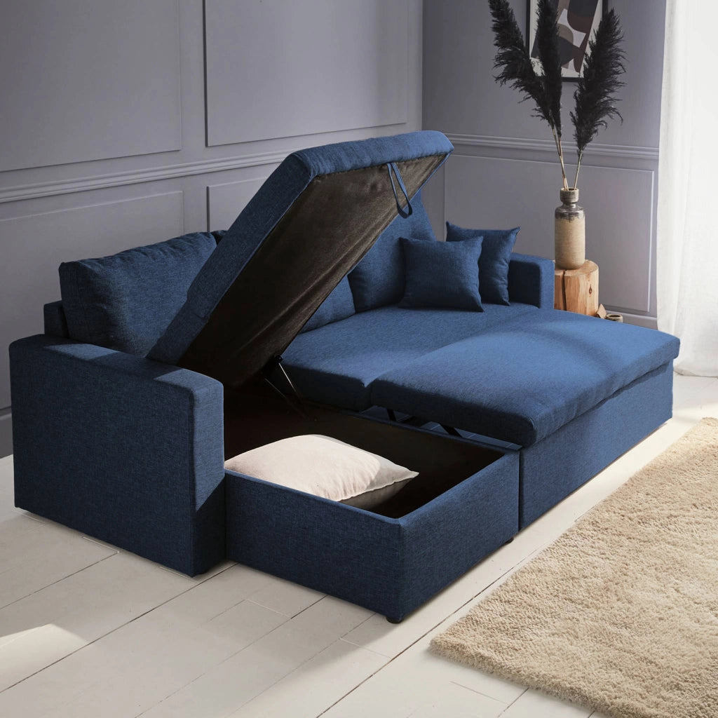 Divano letto angolare reversibile con contenitore, 3 posti, blu