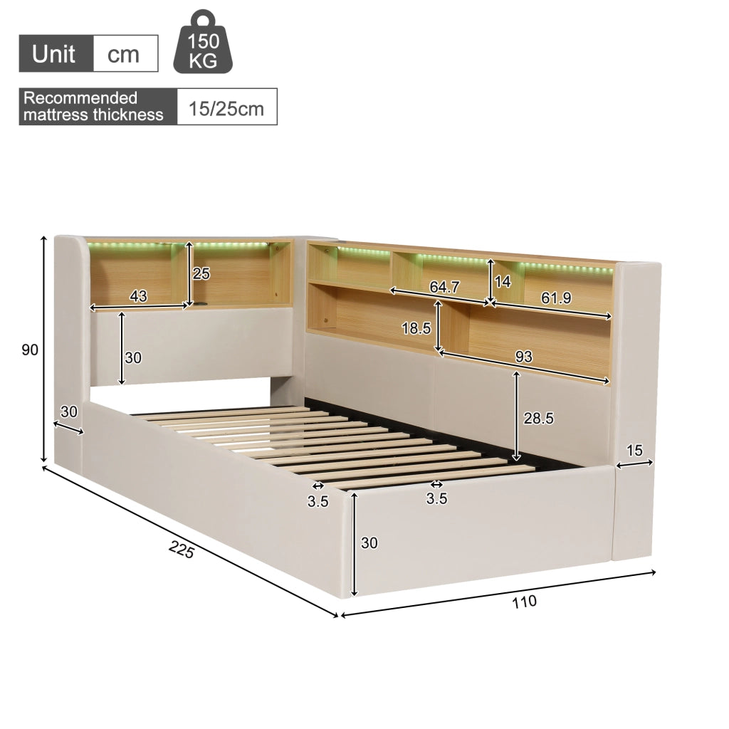 Letto a baldacchino 90x200 cm con contenitore idraulico, testiera con LED, USB-C e tessuto effetto velluto beige