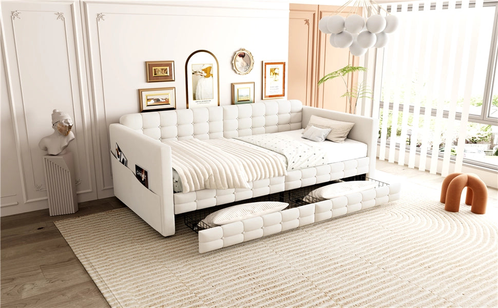 DESMIU Lit simple 90 × 190 cm con 2 cassetti, tasche laterali, senza materasso, in velluto, beige
