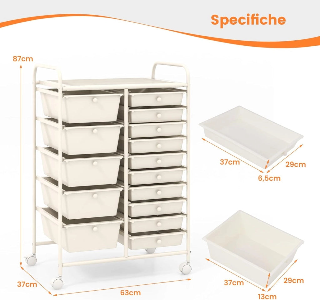 Carrello con 15 Cassetti Impilabili, Carrello di Stoccaggio con Ruote, Carello Portaoggetti per Casa e Ufficio, 62,5 x 37 x 87 cm (Bianco)