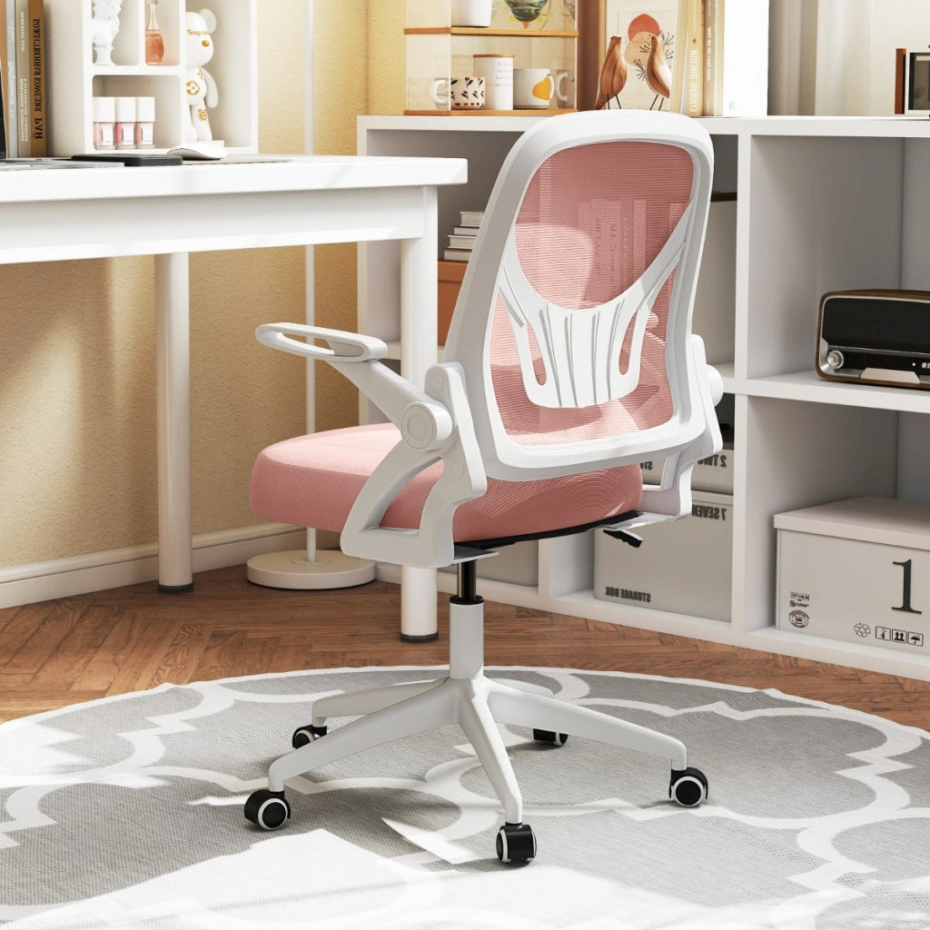 Sedia da scrivania ergonomica in rete con supporto lombare e braccioli ribaltabili, Sedia da lavoro girevole Rosa-Sedie da ufficio