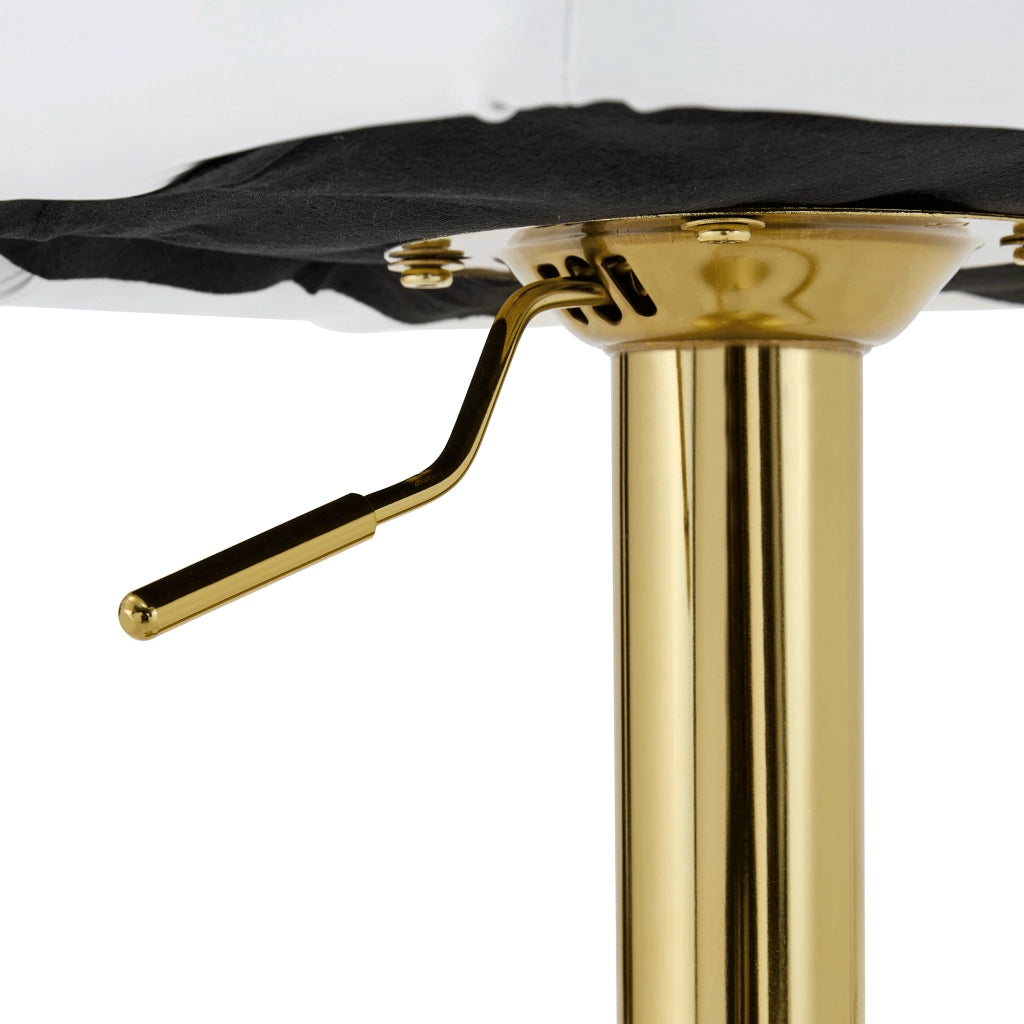 Sgabello da bar 62-83 cm, girevole 360°, schienale, poggiapiedi, PU bianco e metallo oro