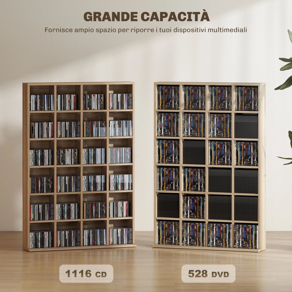 Mobile Porta CD con Ripiani Regolabili per 456 CD o 336 DVD. 24 Scomparti. 89x20x130.5 cm. Legno