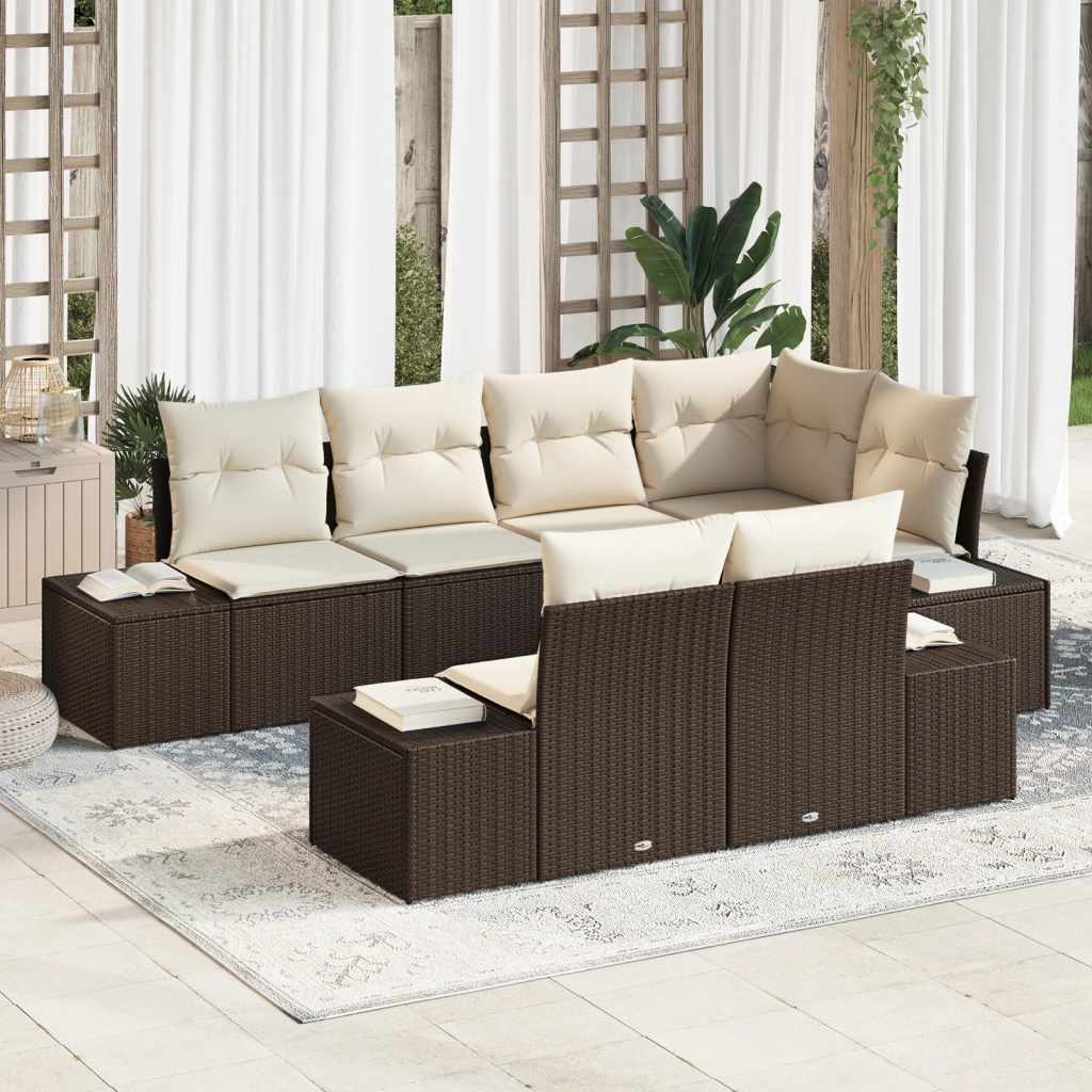 Set Divano da Giardino da 7 Pezzi con Cuscini Marrone Rattan Polimerico