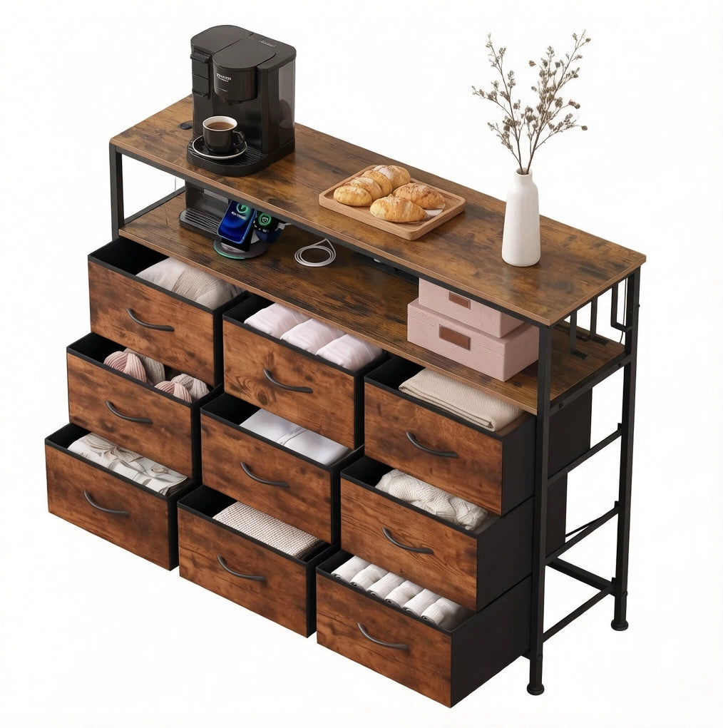Cassettiera 9 cassetti con LED e multipresa 110 x 85 x 30 cm marrone rustico e nero