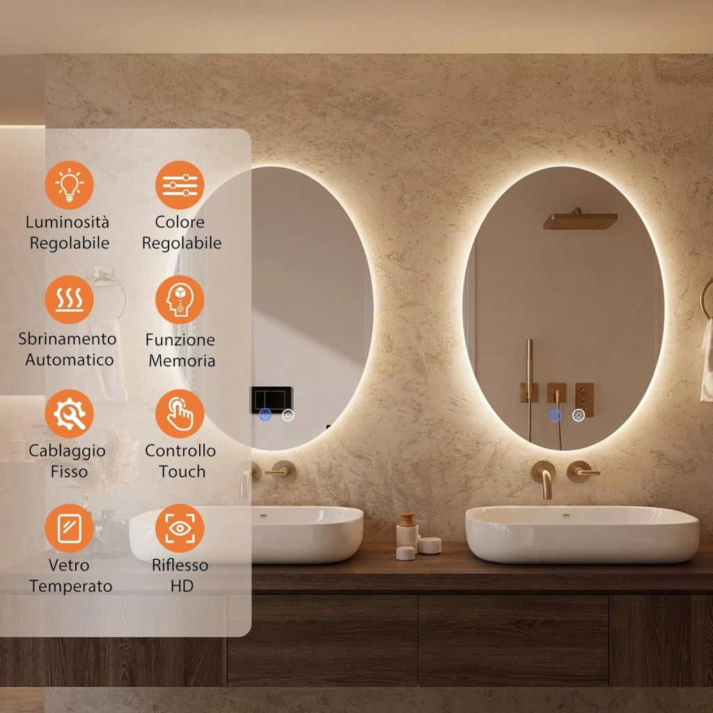 Specchio da Bagno Ovale 70 x 50 CM, Specchio da Toeletta con Luce LED, Antiappannamento, 3 Colori di Luce Dimmerabili, Funzione Memoria e Vetro Temperato Infrangibile per Ingresso