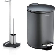 Set di spazzole per il water di acciaio inox grigio scuro, water (63,5 x 15 x 20 cm) & contenitore per i panni di acciaio verniciato in antracite, 3L (24,5 x 17 x 17 cm, antracite)