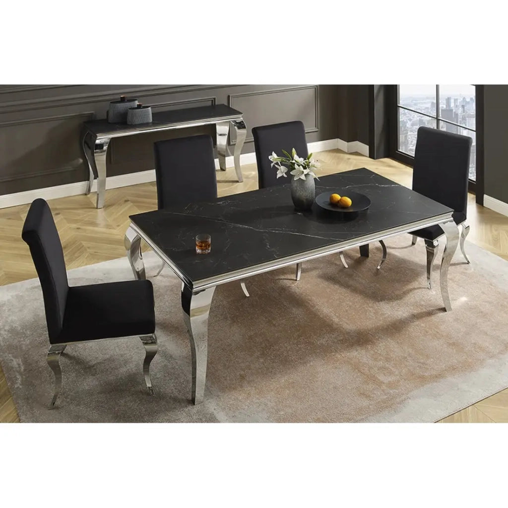 Table VELENA – Rettangolare 180 cm – Piano in pietra sinterizzata e acciaio cromato – Stile barocco