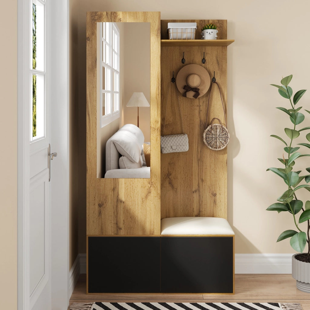 Set Appendiabiti con Specchio, Scarpiera, Panca e Mensola in MDF, 191x100x38 cm, Nero e Legno