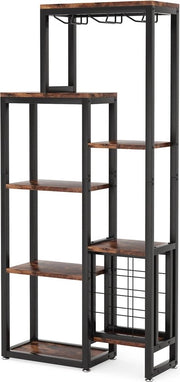 Credenza per Vino - Scaffale per Vino - Credenza per Bevande - Credenza Bar - Scaffalature per Bottiglie - Contenitori per Fiaschi - Credenza Industriale - Materiale Hout e Metallo - Colore Moka/Nero - 175x80x30cm