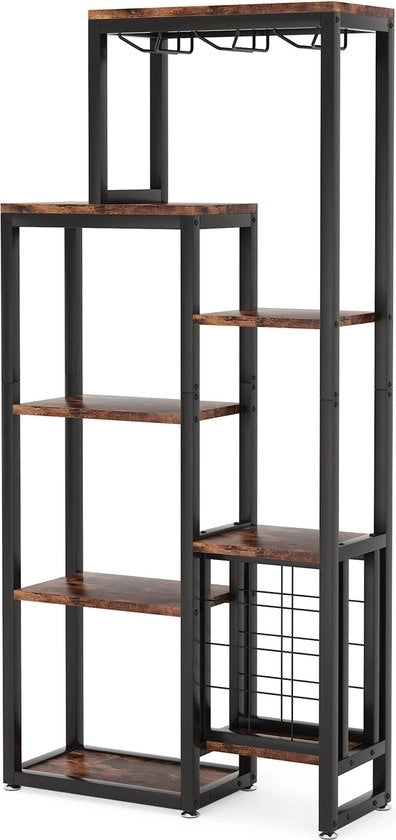Credenza per Vino - Scaffale per Vino - Credenza per Bevande - Credenza Bar - Scaffalature per Bottiglie - Contenitori per Fiaschi - Credenza Industriale - Materiale Hout e Metallo - Colore Moka/Nero - 175x80x30cm