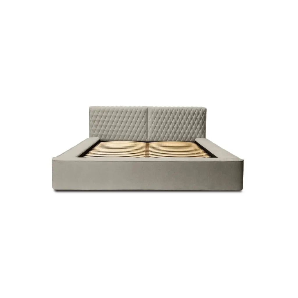 Letto contenitore VERNON – Tessuto bouclé chenille Taupe fumé – 180x200 cm – Rete sollevabile – Design di alta gamma