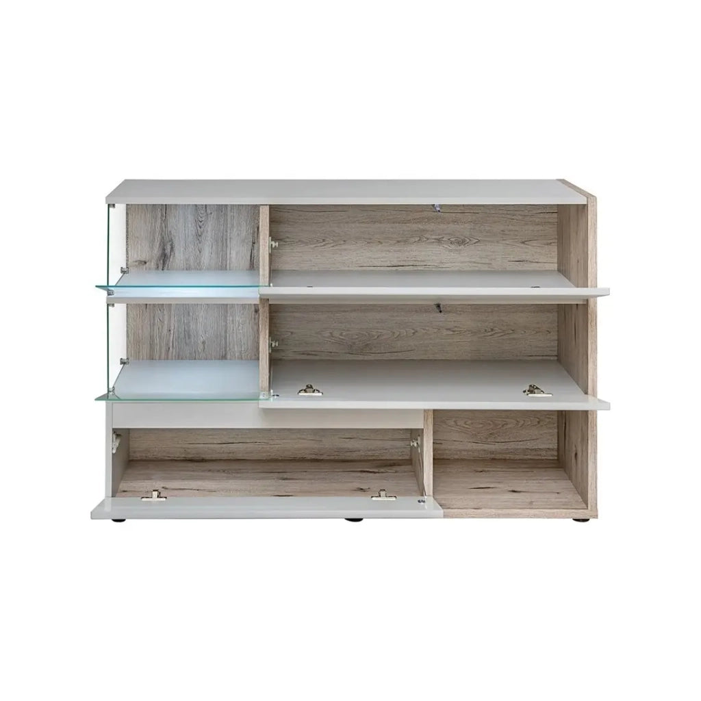 Buffet, credenza, enfilade KLIS con tre porte e tre nicchie. Colori grigio perla e rovere. Stile design.