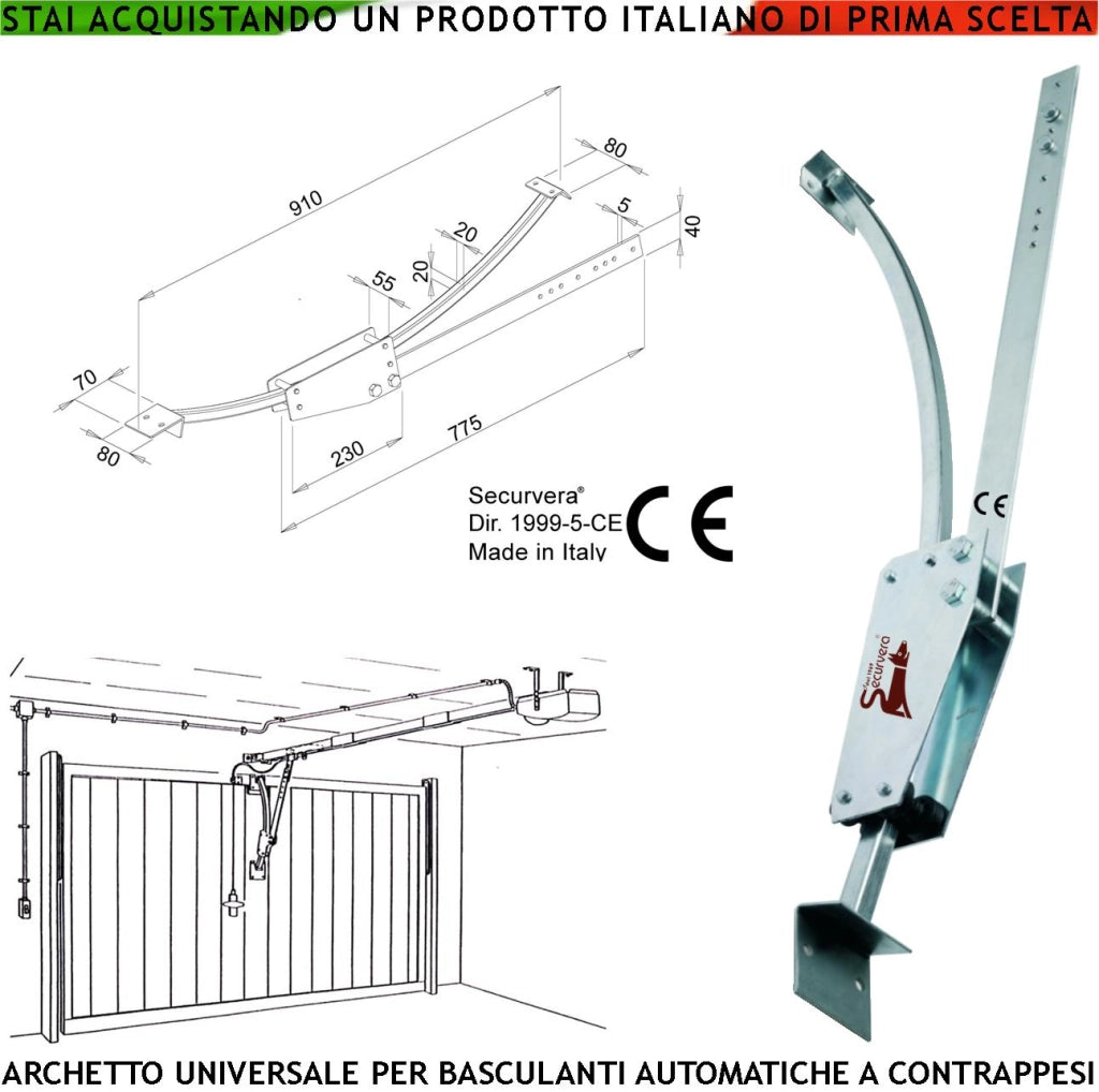 Braccio Oscillante Archetto Adattatore Porte Basculanti a Contrappesi di Qualsiasi Marca e Tipo in Acciaio Zincato Sopporta Fino a 200 Kg Evita Oscillazioni e Flessioni Laterali Dimensioni L910XS80 mm