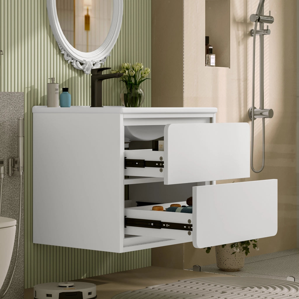 Mobile bagno sospeso 60x46x50 cm bianco con lavabo integrato in ceramica, 2 cassetti, luce LED con sensore radar, struttura in MDF