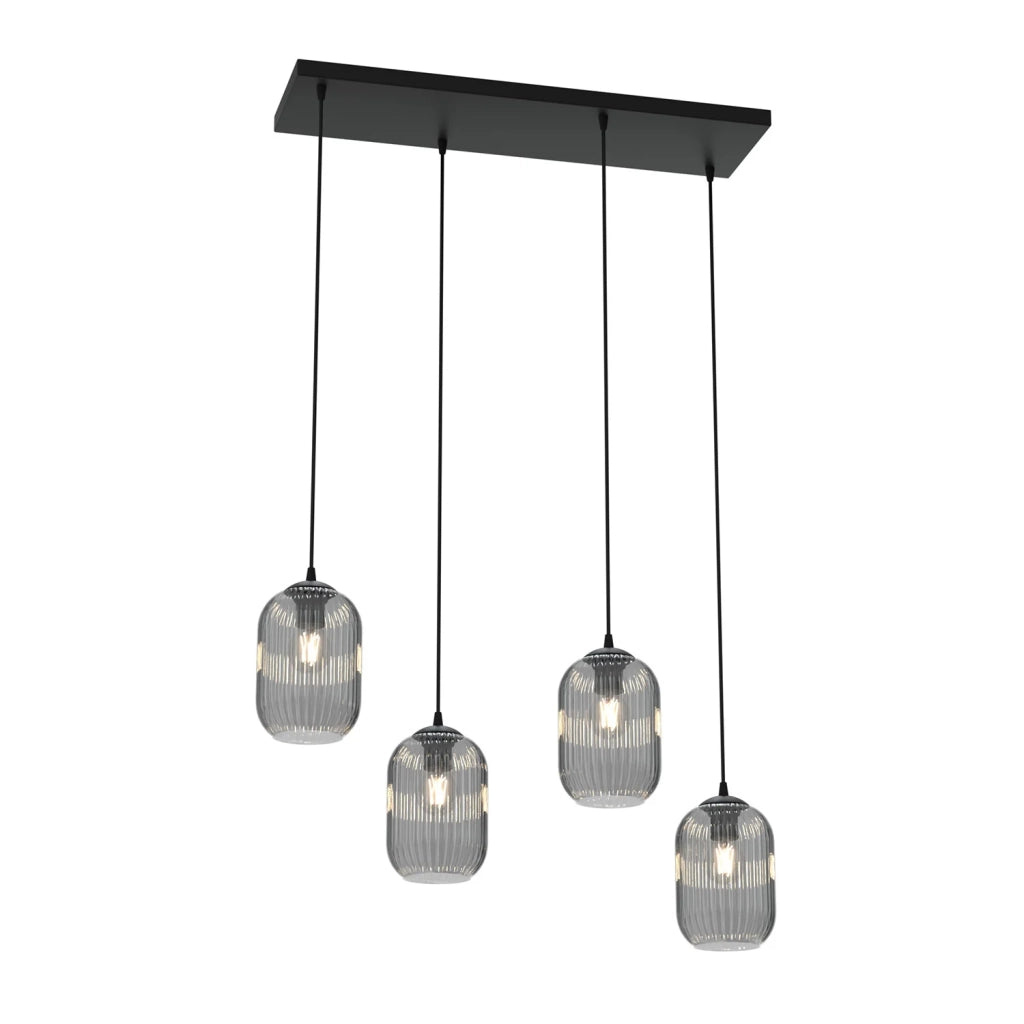 Lampadario 4 Luci Selene In Acciaio Nero E Vetri Plissettati Fumè