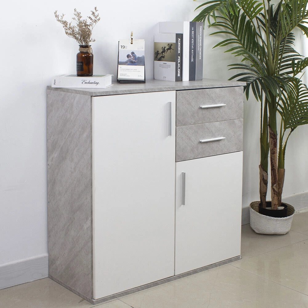 Cassettiera Mobile Armadietto 2 Porte 2 Cassetti Design Moderno Cemento e Bianco