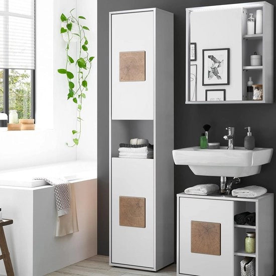 Cassettone da bagno alto in bianco e applicazioni di legno di noce - spazio di archiviazione ampio - 40 x 190 x 30 cm cassettone da bagno alto