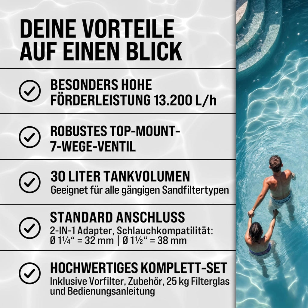 ® Filtro Acqua per Piscina SF110K 13.200 L/h Fino a 58.000L Vetro Filtrante Incl. Valvola a 7 Vie Adattatore 2in1 Ø32-38mm Pompa di Filtraggio 600W Filtri Piscine Fuori Terra Pompe Filtranti