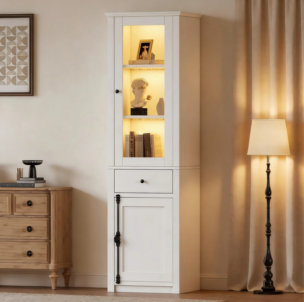 Vetrina alta LED bianca 55x40x200 cm con cassetto