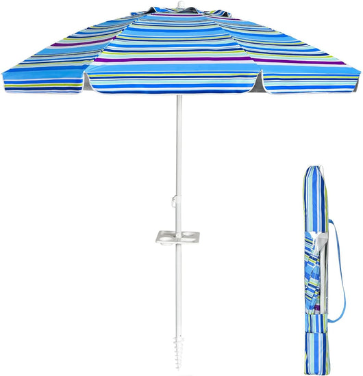 Ombrellone da Spiaggia 200 x 220 cm, Ombrellone da Mare con Inclinazione Regolabile, con Vassoio, 8 Stecche, Protezione UV, Impermeabile, Borsa di Trasporto (Blu)
