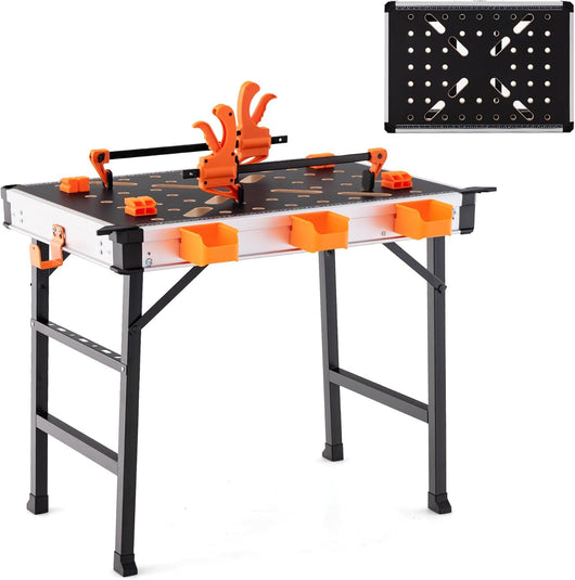 Banco da Lavoro Pieghevole, Tavolo da Lavoro Portatile con 2 Morsetti Rapidi e 4 Clamp Dogs, Telaio in Alluminio e Metallo, Capacità di Carico 454 KG (Modello 3)